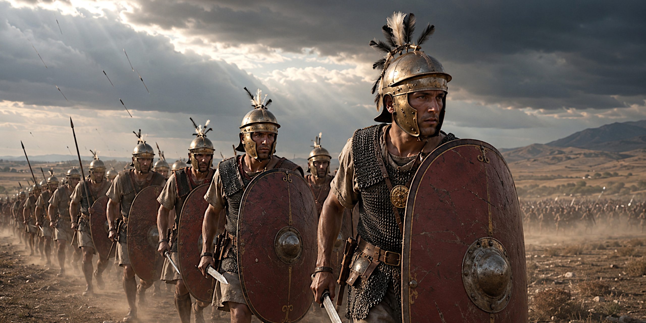 Roman hastati advancing with Republican-era scuta, pila, Montefortino helmets and varied body armour