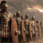 Roman triarii veterans holding spears and oval shields in the third line of a Republican legion