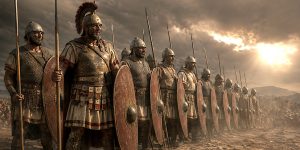 Roman triarii veterans holding spears and oval shields in the third line of a Republican legion