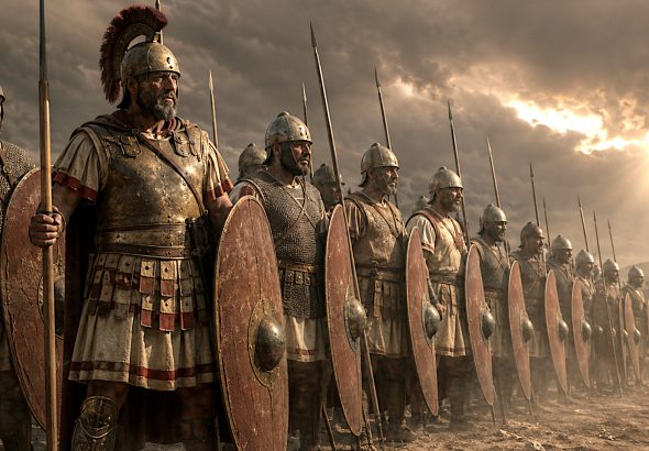 Roman triarii veterans holding spears and oval shields in the third line of a Republican legion