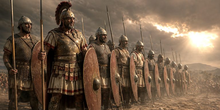 Roman triarii veterans holding spears and oval shields in the third line of a Republican legion