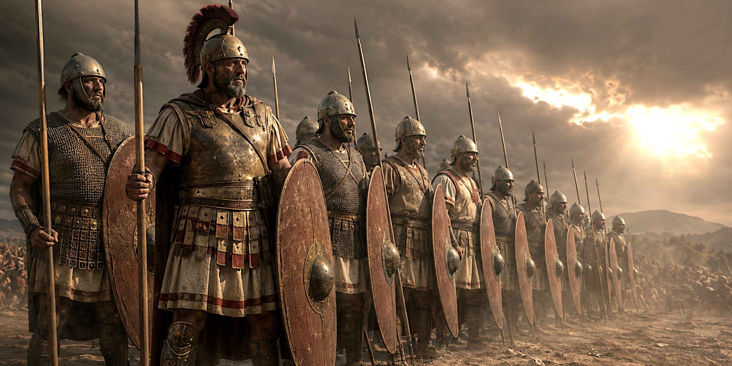 Roman triarii veterans holding spears and oval shields in the third line of a Republican legion
