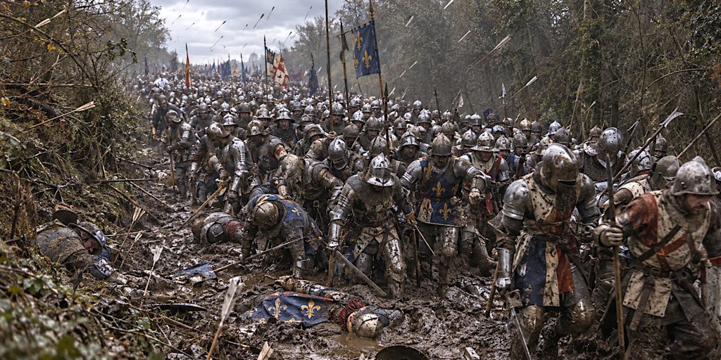 Agincourt massed french ranks mudbound under arrow storm