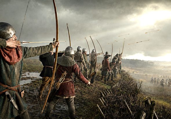 Welsh Longbowmen shooting at approaching cavalry