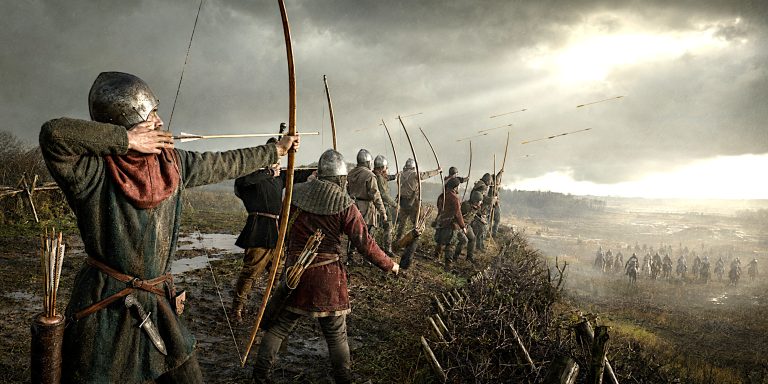 Welsh Longbowmen shooting at approaching cavalry