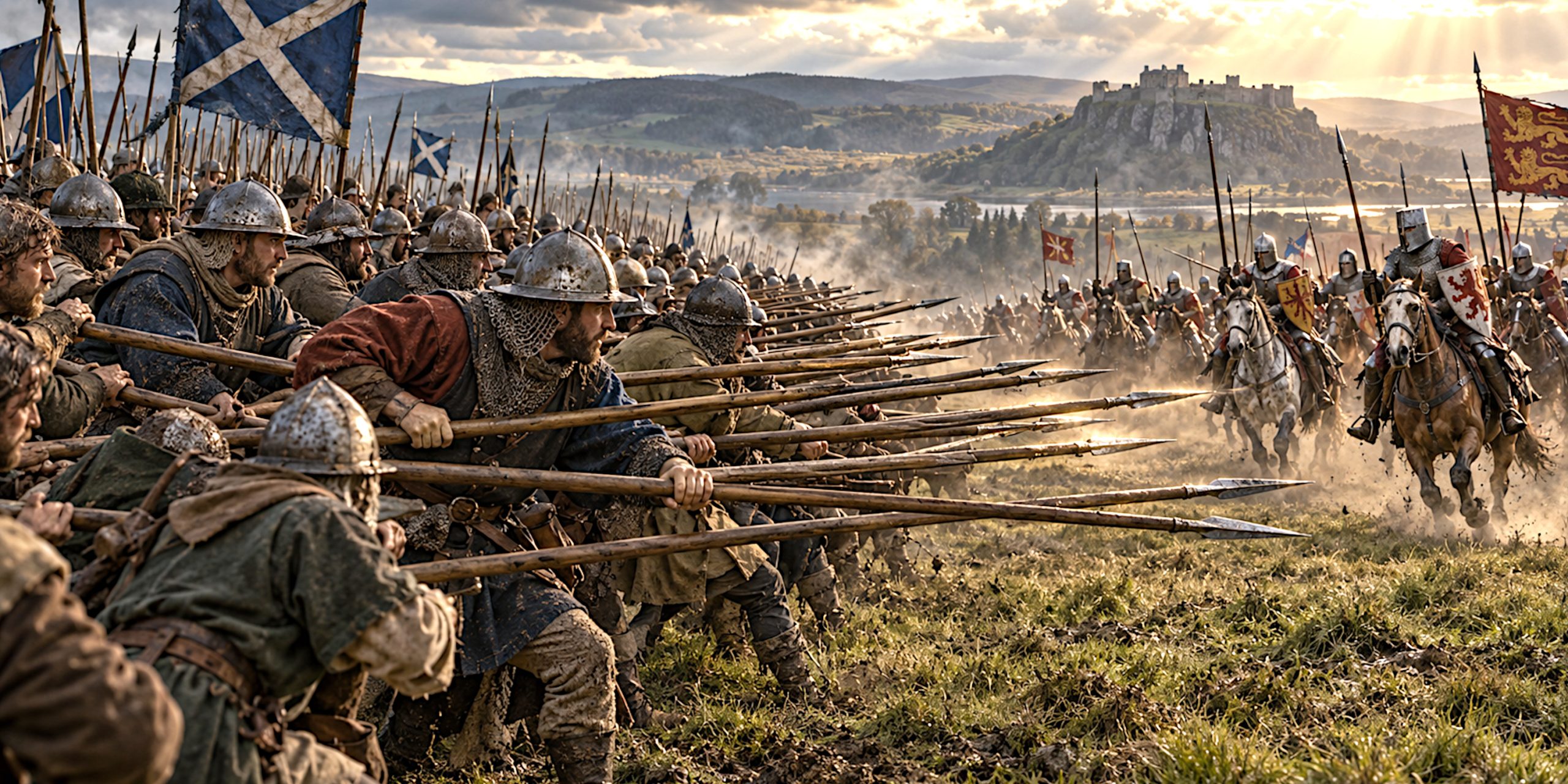 Scottish schiltron facing English cavalry beneath shafts of sunlight, with Stirling Castle in the distance