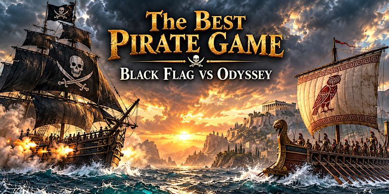 Black Flag vs Odyssey: Which Is the Better Pirate Game? Assassin’s Creed IV: Black Flag is the better pirate game. Its ship battles, plunder and story all feed the same ambition: becoming a feared captain in the Caribbean. Odyssey offers excellent seafaring within a much broader Greek adventure, but piracy is something you can do rather than the identity holding everything together. That does not make this a pointless contest. Both games understand the appeal of spotting land on the horizon, changing course and allowing your original objective to become somebody else’s problem. The interesting question is how those shared ideas feel in practice. Do you want the life of a pirate, or the freedom of an adventurer who happens to own a warship? This comparison covers the original 2013 Black Flag and Assassin’s Creed Odyssey. Black Flag vs Odyssey at a Glance Category Black Flag Odyssey Our pick Pirate atmosphere Caribbean ports, outlaw captains and sea shanties Greek islands, mercenary work and ancient warfare Black Flag Naval combat Cannon broadsides, mortars and boarding Arrows, javelins, fire attacks and ramming Black Flag Crew development Recruitment supports boarding Recruitable lieutenants with gameplay bonuses Odyssey Character combat Counters, dual swords and pistols Weapon variety, abilities and character builds Odyssey Exploration A concentrated Caribbean playground A sprawling Greek world Depends on your priorities Story Edward Kenway’s defined character arc A branching family adventure Black Flag for a pirate story Overall pirate experience The main attraction Part of a larger RPG Black Flag These are editorial judgements rather than a points system. Better melee combat does not automatically make a game better at being a pirate adventure. Setting and Atmosphere: Who Makes You Feel Like a Pirate? Black Flag has the obvious advantage here, but its success goes beyond owning the appropriate hats. Its Caribbean brings together crowded ports, isolated beaches, fortified coastlines and ships carrying goods you would very much like to acquire. Edward Kenway moves among figures including Blackbeard, Anne Bonny and Charles Vane. Piracy shapes the people you meet and the future they imagine for themselves. Ubisoft (EU / UK) There is a lovely tension between the beauty of the setting and the instability of life within it. The sea looks inviting. The men promising you freedom are often unreliable. Edward himself is hardly a model of sensible financial planning. Odyssey creates a different mood. You play Kassandra or Alexios, a mercenary travelling through a Greece divided by war. Your journey involves family, competing loyalties and a much larger mystery. Ubisoft (EU / UK) Piracy existed in the ancient Mediterranean. The distinction is about what these games emphasise, rather than whether a Greek setting can support a pirate story. For me, Black Flag wins because its atmosphere survives the quiet moments. Sailing with the crew singing can feel like the point of the evening, even before anything explodes. Winner: Black Flag. Naval Combat: Cannons Against Rams Black Flag gives its ship battles a satisfying rhythm. You assess an opponent, manoeuvre the Jackdaw into position, fire a broadside and brace for the response. Different weapons reward thinking about distance and angle, while dangerous opponents make upgrades matter. The best encounters turn a calm stretch of water into a noisy sequence of decisions. A target you thought would be easy has company. Your hull needs attention. Boarding might save the situation, assuming you survive long enough to do it. Odyssey builds its battles around different tools. Arrows and javelins replace cannon fire, while ramming makes closing the distance especially important. Fire attacks add another way to pressure an enemy. It is an energetic system. Driving the Adrestia into a vulnerable ship has a wonderfully unsubtle appeal. Sometimes the correct response really is to hit the other boat with yours. Still, Black Flag gives me the more compelling naval contest. Ranged firepower, positioning and the move into boarding create a stronger sense of commanding a fighting ship. Neither is a naval simulator. Black Flag’s advantage comes from accessible spectacle and a rewarding combat rhythm, rather than strict historical realism. Winner: Black Flag, although Odyssey’s ramming deserves respect. Boarding and Plunder: Where Black Flag Pulls Ahead Boarding is available in both games. The difference is how naturally it fits the rest of the experience. In Black Flag, raiding ships supplies resources for improving the Jackdaw. A stronger Jackdaw makes tougher targets more manageable, encouraging you to return to sea and test your growing confidence. That gives a passing ship immediate meaning. You are looking at an opportunity, a risk and potentially the materials for your next upgrade. Boarding also changes the scale of the action. One moment you are directing a ship; the next you are fighting through a crowded deck. The transition gives piracy a physical quality that a reward screen could never provide. Odyssey also rewards naval aggression. You can board disabled vessels or finish vulnerable ships by ramming and cleaving them. Ubisoft’s own guide even suggests swimming down to collect treasure before the wreck disappears. Admirable dedication to checking the pockets. news.ubisoft.com Its on-deck fighting benefits from a broader combat system. Yet naval plunder competes with equipment, quests, mercenaries and numerous other routes to progress. Black Flag’s boarding can become repetitive, especially when you are collecting resources rather than chasing a memorable encounter. Even so, the reason to do it usually feels closely connected to being a captain. Winner: Black Flag. Your Ship and Crew: Jackdaw or Adrestia? The Jackdaw has a strong claim to being Black Flag’s most important relationship. You invest in it, learn its limits and gradually trust it against enemies that once looked absurdly intimidating. It is your means of travel, your weapon and the focus of much of your ambition. That concentration gives its upgrades emotional weight as well as practical value. The Adrestia has its own strengths. Barnabas brings warmth to the voyage, and recruiting lieutenants connects your adventures on land with your capabilities at sea. A formidable opponent can become a useful addition if you take them down without killing them. news.ubisoft.com That makes Odyssey’s recruitment more interesting as a development system. Meeting someone and considering whether they might improve your crew creates a pleasing connection between otherwise separate activities. I prefer the Jackdaw as the centre of a pirate adventure, but Odyssey offers more engaging choices about the people serving aboard your vessel. Winner: Black Flag for attachment to the ship; Odyssey for recruitment. Exploration: Caribbean Treasure or Greek Island Hopping? Black Flag’s world feels arranged around the temptation to make one more stop. A beach, wreck, fort or small island can interrupt a journey without turning it into an entirely different sort of game. That is useful when you want an evening of piracy rather than an extended commitment to clearing a region. Its smaller destinations help keep the sea at the centre of your attention. Odyssey’s Greece offers broader possibilities. An island can become a substantial adventure, with local disputes, settlements and quests pulling you away from the shore. Inland exploration matters far more to the overall experience. I find Odyssey more tempting when I want to wander with no particular concern for how long anything will take. Black Flag is more tempting when I specifically want to sail, find trouble and return with somebody else’s cargo. Both games can suffer when curiosity becomes checklist work. Collectibles lose their charm if every map icon starts feeling like an unpaid obligation. Winner: Black Flag for sea-focused exploration; Odyssey for a broader world. Combat on Land: Odyssey Has More to Offer Black Flag’s sword fighting is quick, theatrical and well suited to boarding. Edward’s pistols help sell the fantasy, and chaining successful attacks can look excellent. Its limitations become clearer during extended play. Counters and familiar attack patterns can make encounters feel routine once you understand the system. The spectacle often lasts longer than the challenge. Odyssey provides more room to experiment. Different weapons, equipment choices and active abilities let you shape how you fight. Dodging, parrying and managing abilities give encounters more moving parts. There is a cost to that flexibility. Equipment management can become fussy, and the level system can make an apparently ordinary opponent surprisingly durable. Sometimes you want a duel, and the game wants to discuss your numbers. Even with those frustrations, Odyssey offers the stronger combat system for players who enjoy developing a build and trying different approaches. Winner: Odyssey. Story and Characters: Edward Gives Piracy a Purpose Without spoiling the major turns, Edward’s story examines the gap between wanting freedom and knowing what to do with it. His confidence makes him entertaining company, but the game gradually asks harder questions about ambition, loyalty and the price other people pay for his decisions. The pirate setting supports that development rather than merely decorating it. That is why Black Flag’s story works particularly well for this comparison. Its emotional direction grows out of the life it invites you to enjoy. Odyssey tells a broader family story, with dialogue choices and different possible outcomes. Its structure gives players more say in how particular relationships unfold. Ubisoft (EU / UK) That freedom is appealing, although the scale makes it easier for the main story to lose momentum between other activities. My preference is Edward’s more tightly defined arc. Odyssey gives you more decisions, but Black Flag makes a clearer argument about the adventurer at its centre. Winner: Black Flag for the stronger pirate narrative. What Might Put You Off Each Game? Black Flag’s weakest moments often arrive when it pulls you away from the freedom of sailing. Tailing missions and restrictive objectives interrupt the pace, while older movement and combat systems sometimes show their age. Repeated boarding objectives can also wear thin during an upgrade hunt. Odyssey’s main risk is fatigue. Its scale, equipment systems and level-based progression can make a promising adventure feel crowded with things demanding attention. If you mainly want naval action, substantial portions of the game will take you elsewhere. Someone irritated by repetition may struggle with Black Flag’s resource gathering. Someone tired of sprawling RPGs may find Odyssey difficult to finish. Which Game Should You Choose? Choose Black Flag if your priorities are: - Commanding a pirate ship in the Caribbean. - Cannon battles, boarding and plunder. - A story about ambition and the consequences of pirate life. - Less emphasis on character builds and equipment statistics. Choose Odyssey if your priorities are: - Exploring ancient Greece by land and sea. - Experimenting with weapons and abilities. - Dialogue choices and crew recruitment. - Naval warfare within a much larger RPG. If you are choosing purely on the promise of being a pirate, Black Flag is the more direct recommendation. If Greece and role-playing systems interest you more than piracy itself, Odyssey could easily be your favourite overall. The Verdict: Black Flag Is the Better Pirate Game Black Flag wins because its best systems keep bringing you back to the same life. You sail to find targets, take risks for plunder, improve the Jackdaw and grow attached to a crew whose songs become part of the journey. Odyssey deserves credit for its naval game. The Adrestia is enjoyable to command, recruitment adds depth, and its islands offer plenty of reasons to stay at sea. It also has the stronger case for players who value flexible combat and role-playing choices. But when I picture the better pirate evening, I picture the Jackdaw turning towards a ship I probably should have left alone. The crew are singing. The cannons are ready. My judgement is questionable. Black Flag understands the appeal of that combination extremely well. Frequently Asked Questions Is Assassin’s Creed Odyssey a pirate game? Odyssey lets you attack ships, board enemies and take loot, but it is primarily an action RPG about a mercenary in ancient Greece. Piracy is an available activity rather than its main theme. Does Odyssey have ship boarding like Black Flag? Yes. You can board disabled enemy ships and fight their crews. You can also finish vulnerable vessels by ramming and cleaving them. Which has better naval combat? Our pick is Black Flag for its cannon battles, ship weapons and integration of combat with plunder. Odyssey offers an enjoyable alternative built around arrows, javelins, fire and ramming. Is Odyssey better than Black Flag overall? It depends on what you value. Odyssey offers more elaborate character progression and broader role-playing choices. Black Flag provides a more focused pirate adventure. SEO Metadata SEO title: Black Flag vs Odyssey: Which Is the Better Pirate Game? Meta description: Black Flag or Odyssey? We compare naval combat, exploration, crews and stories to find which Assassin’s Creed delivers the better pirate adventure. Suggested slug: black-flag-vs-odyssey Image alt text: A Caribbean pirate ship and an ancient Greek warship beneath storm clouds, illustrating Black Flag versus Odyssey.