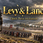 Promotional artwork showing medieval armies beneath storm clouds, with gold Levy & Lance open beta invitation lettering.