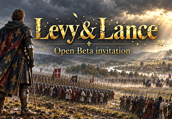 Promotional artwork showing medieval armies beneath storm clouds, with gold Levy & Lance open beta invitation lettering.