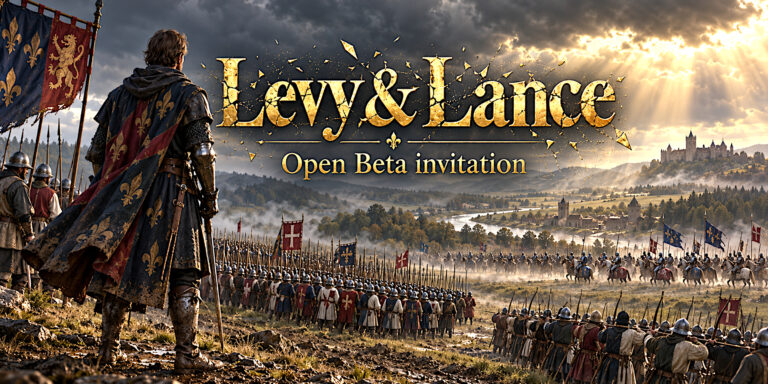 Promotional artwork showing medieval armies beneath storm clouds, with gold Levy & Lance open beta invitation lettering.