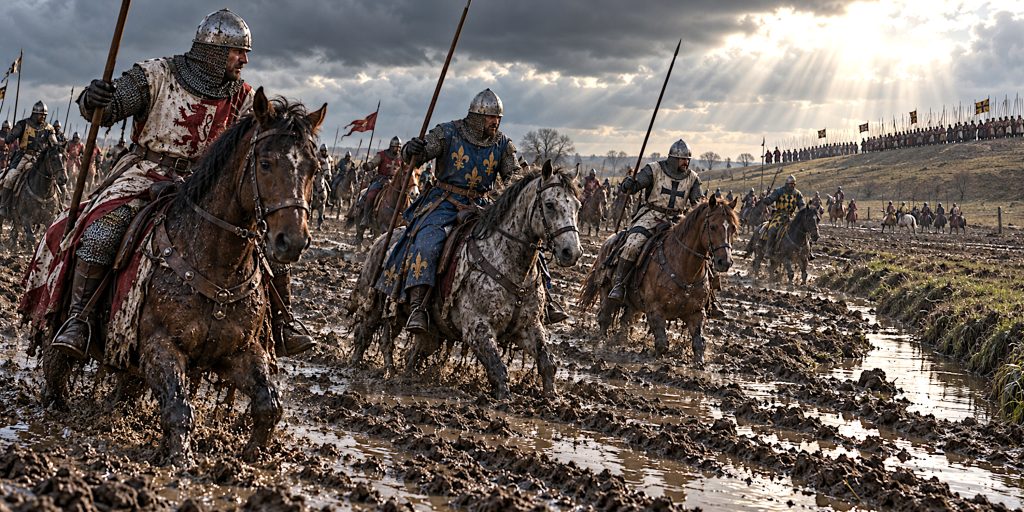 mounted troops struggling through mud.